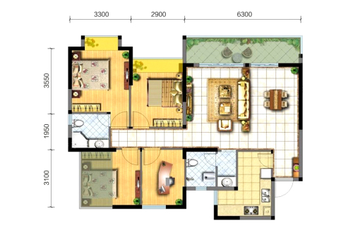 格林城市花园3期1#标准层C户型-4室2厅2卫1厨建筑面积116.00平米