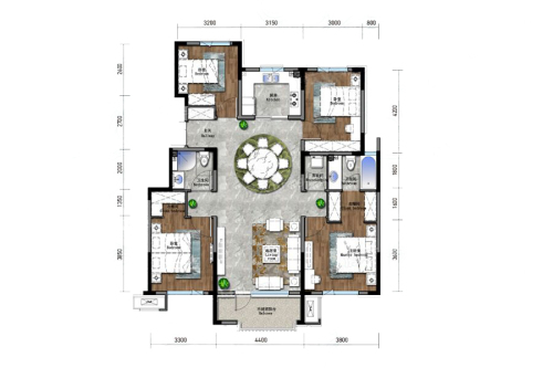 保利海德公园洋房H标准层户型-4室2厅2卫1厨建筑面积135.00平米