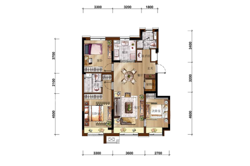 万科如园二期小高105平户型图-3室2厅2卫1厨建筑面积105.00平米