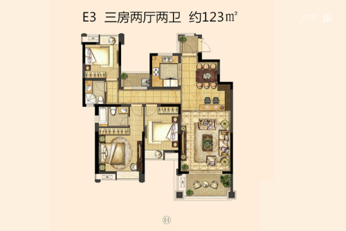 喜之郎丽湖湾一期洋房18#标准层E3户型-3室2厅2卫1厨建筑面积123.00平米