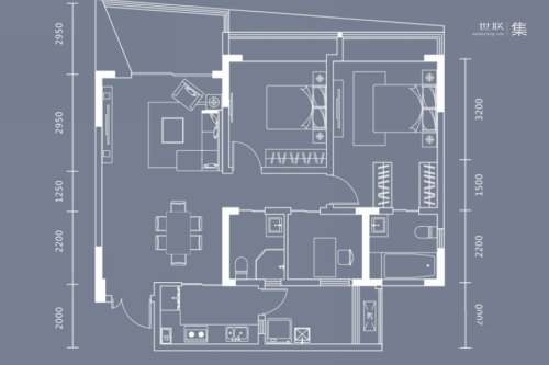 中环丰锦4、6、10、12号楼标准层D1户型-3室2厅2卫1厨建筑面积98.00平米