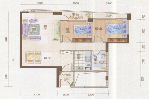 亿海·澜泊湾一期A#2单元03户型-2室2厅1卫1厨建筑面积87.76平米