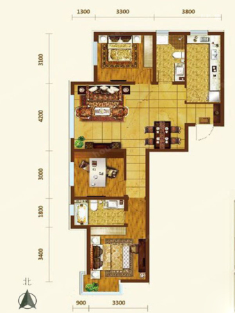 外滩叁号A户型-3室2厅2卫1厨建筑面积112.15平米