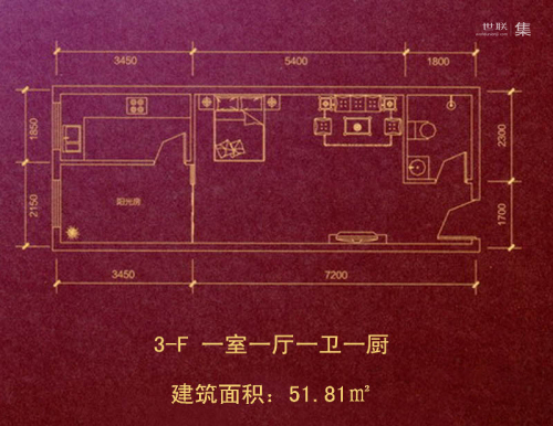 盛龙广场户型3-F-1室1厅1卫1厨建筑面积51.81平米