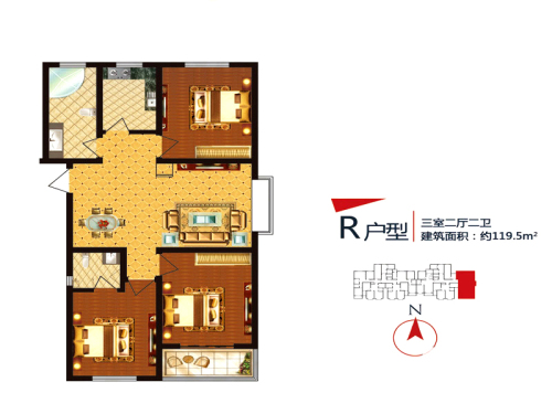 傲湖铂岸7#R户型-3室2厅2卫1厨建筑面积119.50平米