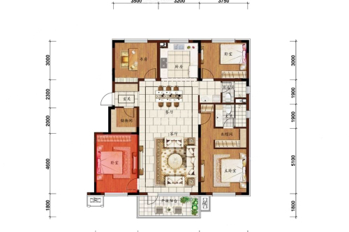 万科长江府洋房138平户型-4室2厅2卫1厨建筑面积138.00平米