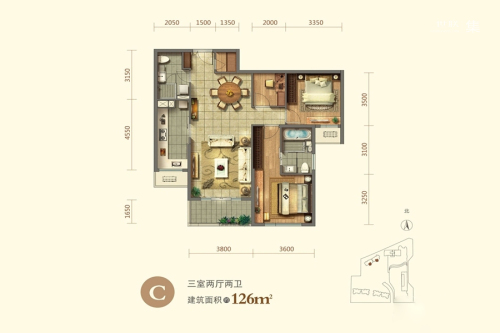 泰和龙庭C户型-3室2厅2卫1厨建筑面积126.00平米