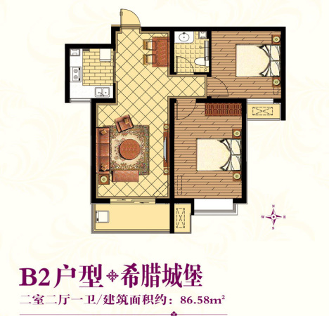 紫金蓝湾1#楼标准层B2户型-2室2厅1卫1厨建筑面积86.58平米