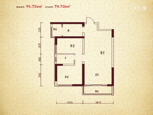 珠江新城二期A户型-2室2厅1卫1厨建筑面积91.72平米