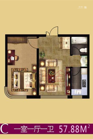 古田和睦城C户型-1室1厅1卫1厨建筑面积57.88平米