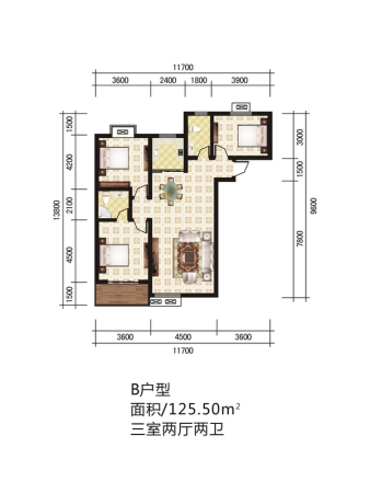 城西印象三期7号楼、8号楼B户型-3室2厅2卫1厨建筑面积125.50平米