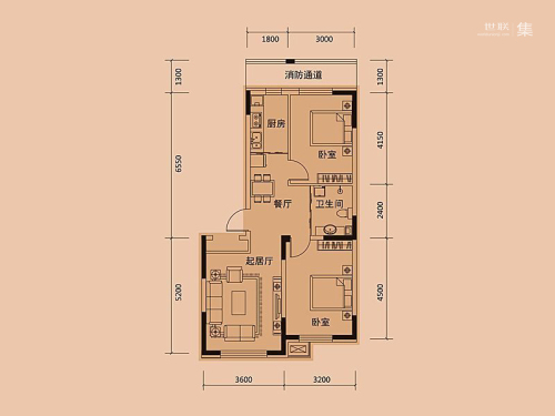 新星宇和源二期塞纳A16-03户型-2室2厅1卫1厨建筑面积85.54平米