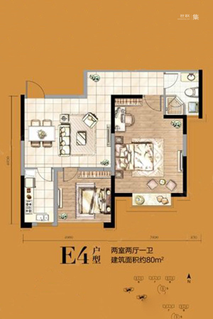 益华御才湾E4户型-2室2厅1卫1厨建筑面积80.00平米