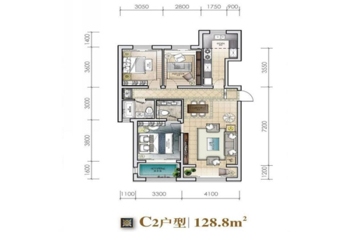 城建·锦泉蓝湾C2户型-3室2厅2卫1厨建筑面积128.80平米