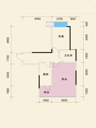 中央美地一期B5-1户型-1室0厅1卫1厨建筑面积51.92平米