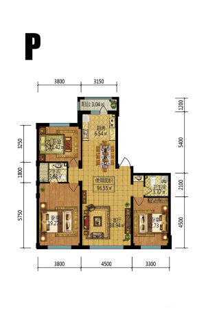 梧桐郡P户型-3室1厅2卫1厨建筑面积129.56平米