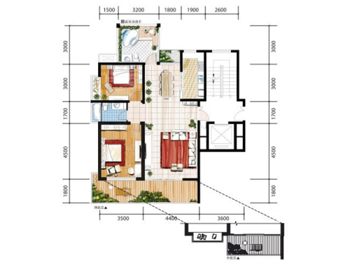 宝恒水木清华小高层标准层户型-2室2厅2卫1厨建筑面积105.00平米