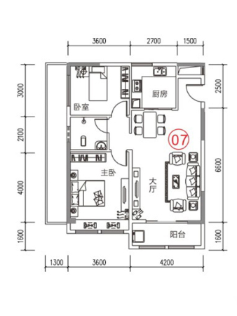 世鑫大厦一期1号楼1单元07、2单元03户型-2室2厅1卫1厨建筑面积91.23平米