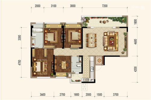 太行瑞宏朗诗金沙城4、8、9栋B1户型-4室2厅2卫1厨建筑面积134.00平米