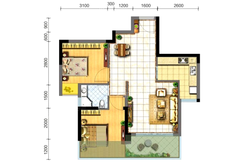 格林城市花园3期1#标准层A户型-2室2厅1卫1厨建筑面积63.00平米
