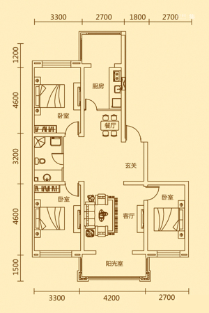 艾格尔e公馆二期J户型-3室2厅1卫1厨建筑面积116.35平米