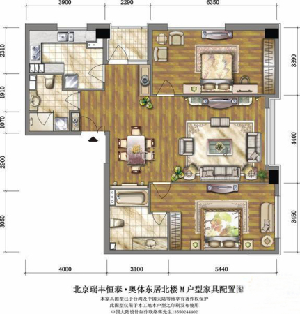 奥东18号北楼-M户型-2室2厅2卫1厨建筑面积144.31平米