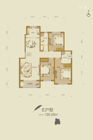 汇君城高层E户型-3室2厅2卫1厨建筑面积130.03平米
