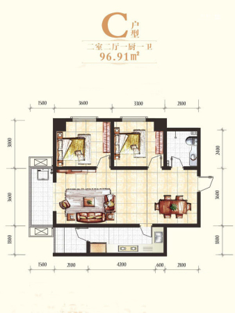 丰禾壹号1号楼C户型-2室2厅1卫1厨建筑面积96.91平米