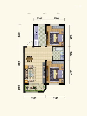 泰荣湾小高层优畅户型-2室2厅1卫1厨建筑面积92.00平米