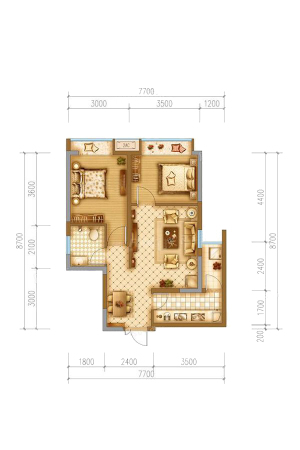 雄飞生活广场7#标准层F5户型-2室2厅1卫1厨建筑面积67.75平米