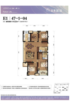 万科未来城三期E1户型-4室2厅2卫1厨建筑面积123.00平米