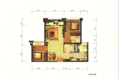 成华奥园广场二期2、3#标准层A1户型-2室2厅2卫1厨建筑面积69.24平米