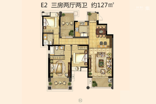 喜之郎丽湖湾一期洋房18#标准层E2户型-3室2厅2卫1厨建筑面积127.00平米