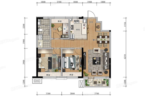 信达万科城95平户型-3室2厅1卫1厨建筑面积95.00平米