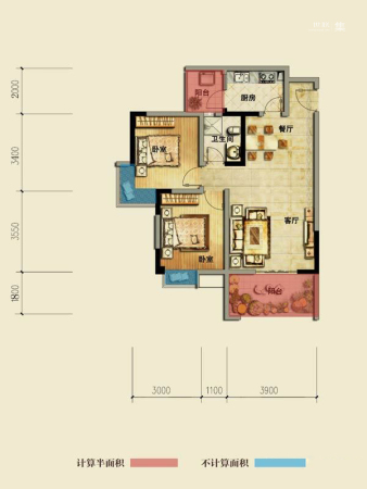 莱茵北郡二期26号楼标准层G3户型（售罄）-2室2厅1卫1厨建筑面积80.00平米