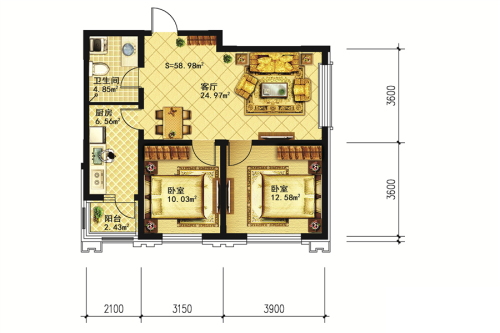好人家15号楼使用面积58.98平东南向-2室1厅1卫1厨建筑面积94.37平米