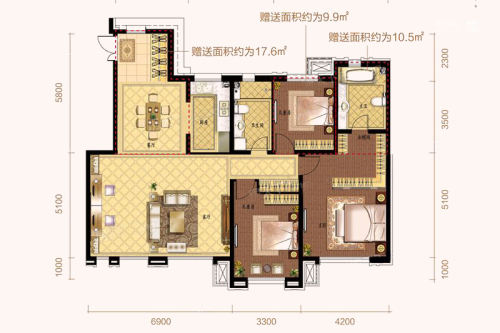 九洲御府洋房108㎡户型-3室2厅2卫1厨建筑面积108.00平米
