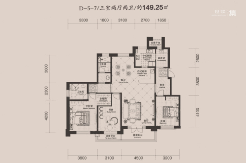 瀚林甲第3号楼D-5-7户型-3室2厅2卫1厨建筑面积149.25平米