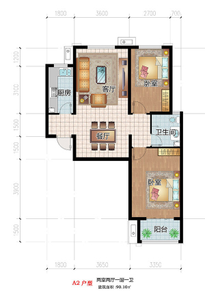祥云·岸芷汀兰一期3号楼标准层A2户型-2室2厅1卫1厨建筑面积90.10平米