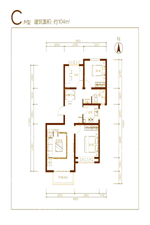 东方蓝海中心C户型-3室2厅1卫1厨建筑面积104.00平米