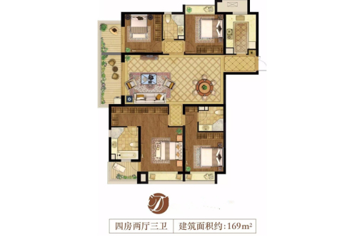 深业滨江半岛一期3#标准层D户型-4室2厅3卫1厨建筑面积169.00平米