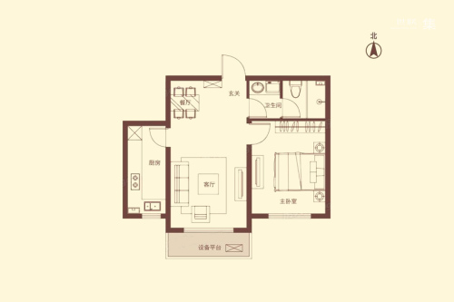汇智五洲城A1户型-1室2厅1卫1厨建筑面积66.11平米