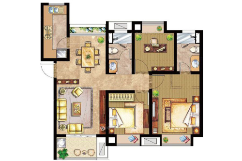 万业紫辰苑105㎡户型-3室2厅2卫1厨建筑面积105.00平米