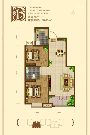 紫金蓝湾4#B户型-2室2厅1卫1厨建筑面积86.60平米