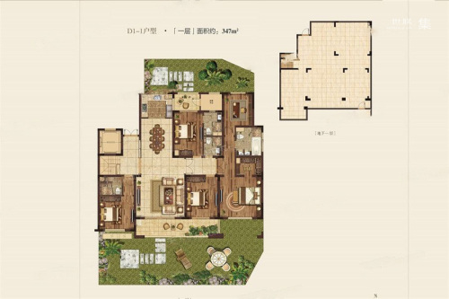 高科紫微堂项目347平D1-1户型-5室2厅4卫1厨建筑面积347.00平米