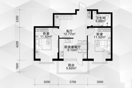 恒祥空间80.25平户型-2室1厅1卫1厨建筑面积80.25平米