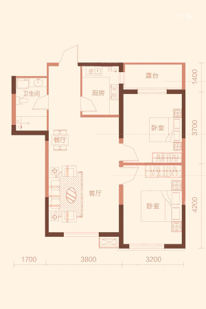美域天成K户型-K户型-2室2厅1卫1厨建筑面积83.00平米