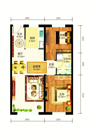 东方新天地三期A户型-2室2厅1卫1厨建筑面积87.00平米