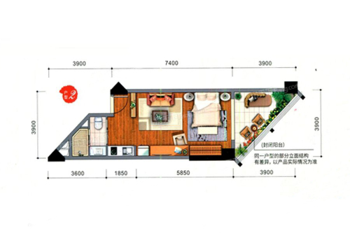 第九湾三期2#户型2-1室1厅1卫1厨建筑面积61.15平米