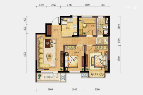 万科紫台95㎡户型-3室2厅1卫1厨建筑面积95.00平米